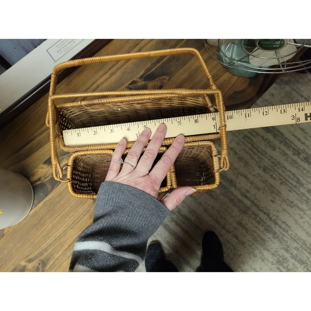 Woven Wicker Utensil Caddy Rattan‎ Desk Organizer with Handle Brown 4-Section